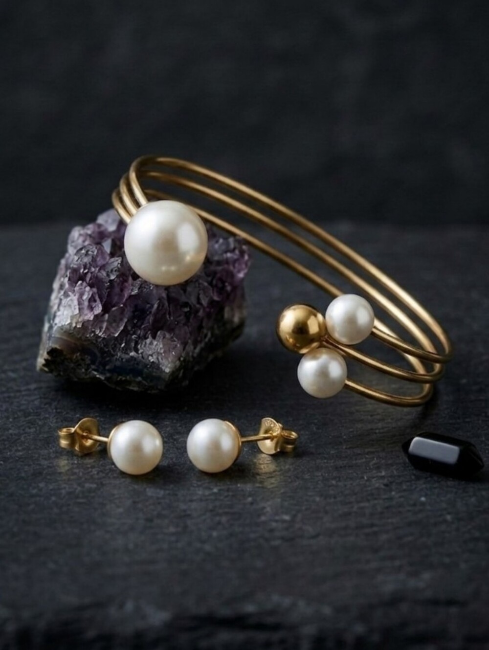 Faux Pearl Open Cuff Bracelet 14K Gold Plated Stainless Steel Stud Earrings Set - Picture 3 of 15
